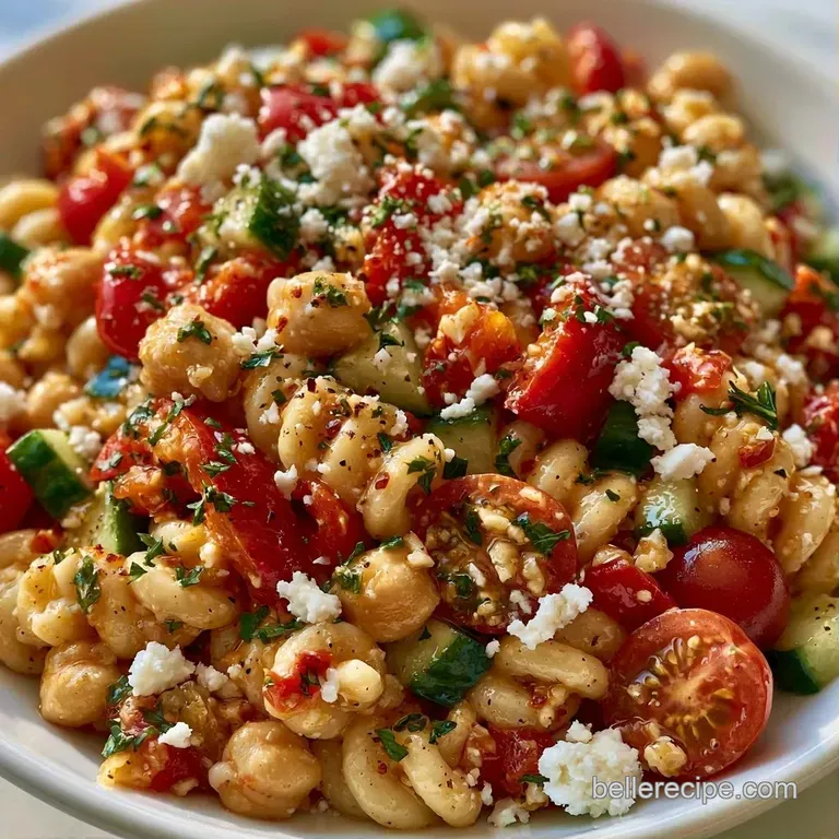 A large ceramic bowl overflowing with colorful pasta, crisp peppers, and fresh herbs on a rustic wooden table.