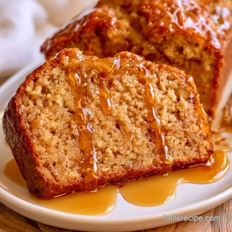 A thick slice of moist golden cake topped with melting butter and a sprinkle of cinnamon on a white ceramic plate.