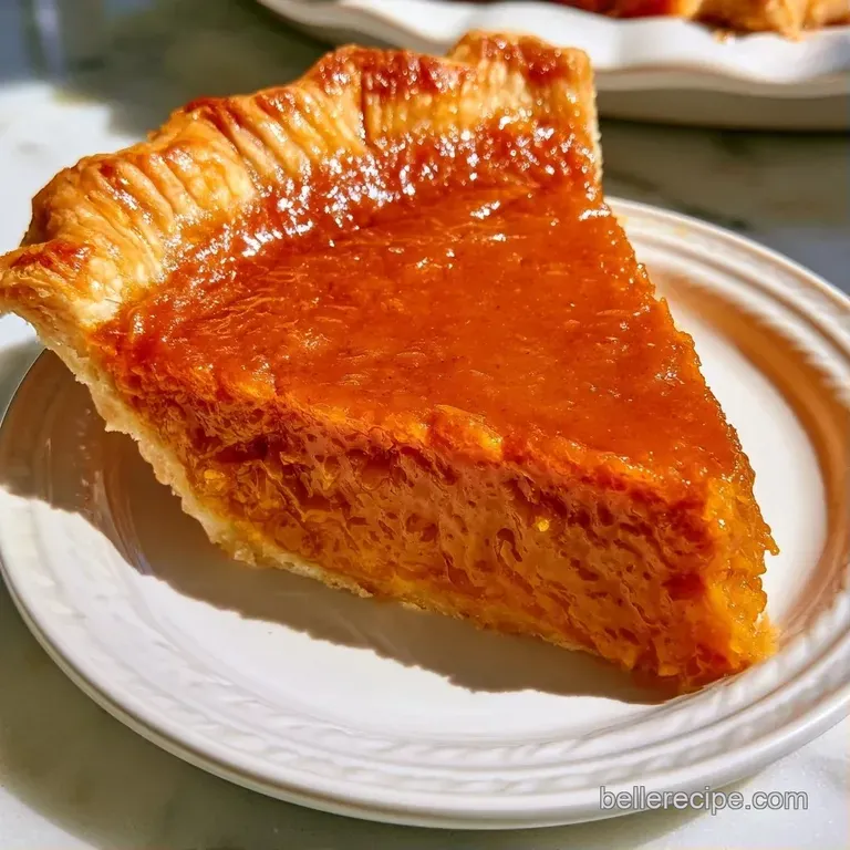 A neat slice of orange custard pie on a white plate, finished with amber syrup and a swirl of fluffy cream.