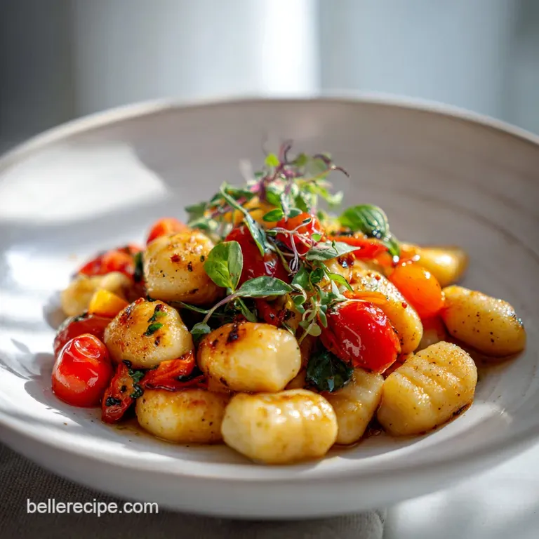 A swirl of gnocchi in rich tomato cream sauce, garnished with basil and parm. Steam gently rises, inviting a first bite.