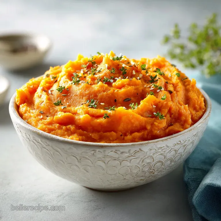 Creamy, vibrant orange mashed sweet potatoes artfully swirled in a bowl, topped with fresh herbs and a drizzle of olive oil.