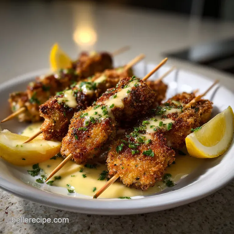 Golden-brown chicken skewers artfully arranged on a white plate, glistening from the grill with a vibrant parsley garnish.