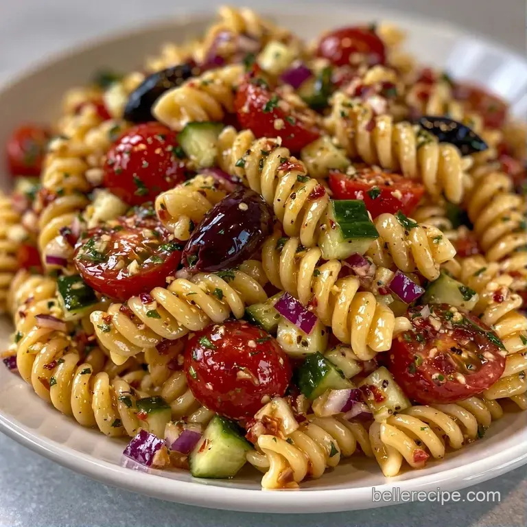 Vibrant rotini pasta mixed with crisp cucumbers and red onion, served in a clean white bowl with fresh parsley garnish.