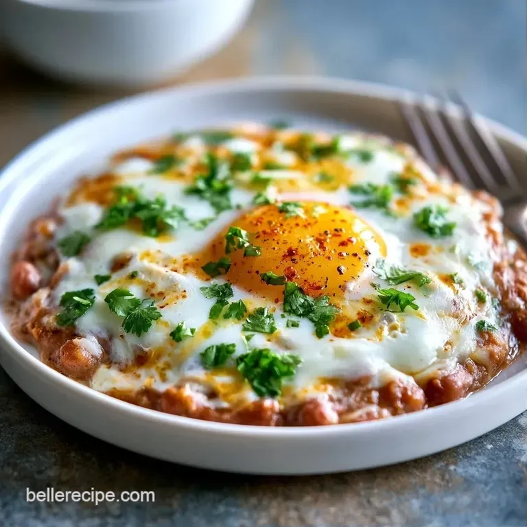 Bright platter of savory beans topped with sliced avocado and a sunny-side-up egg, garnished with fresh cilantro.