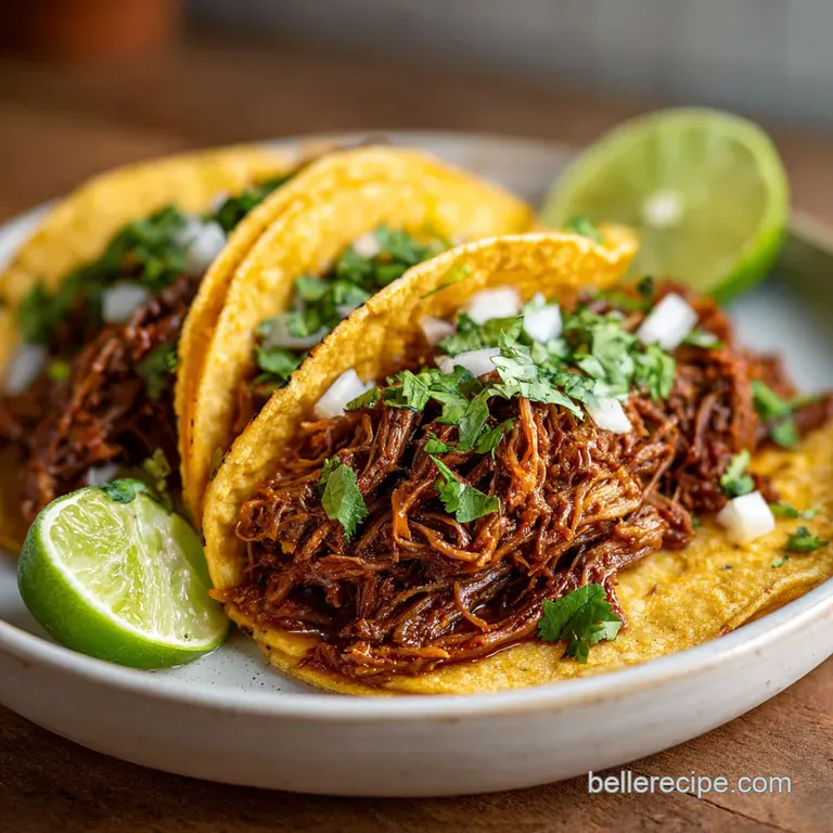A neat stack of three tacos, garnished with fresh cilantro, lime wedges, and a dollop of crema.