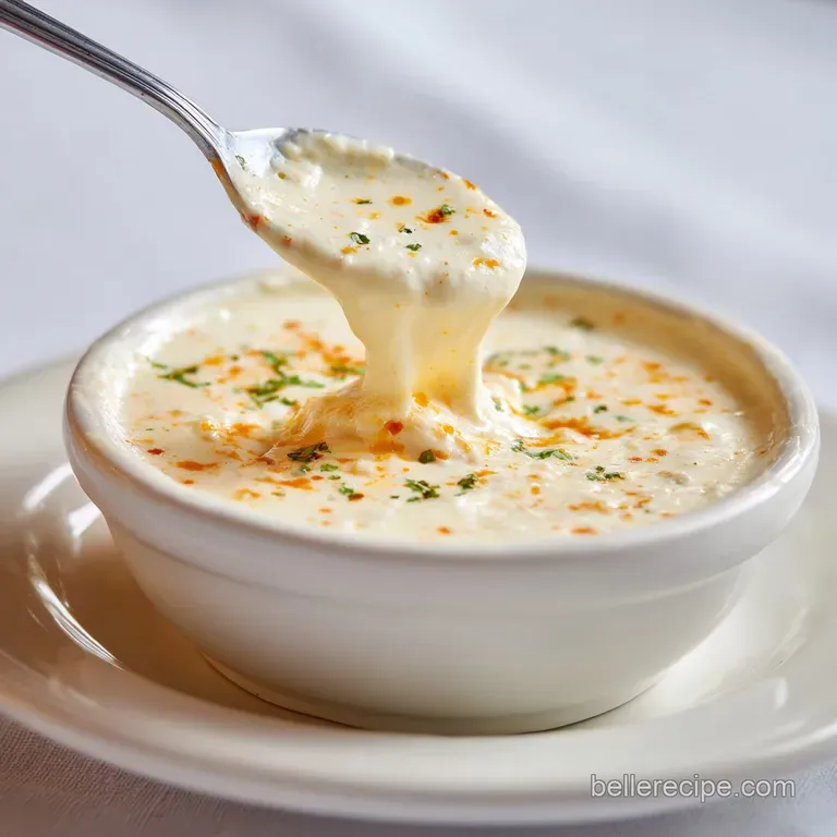 A smooth, velvety white cheese dip served in a rustic ceramic bowl, garnished with pico de gallo.
