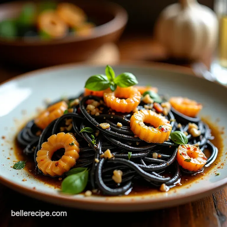 Midnight Calamari Squid Ink Pasta with Garlic Chili presentation