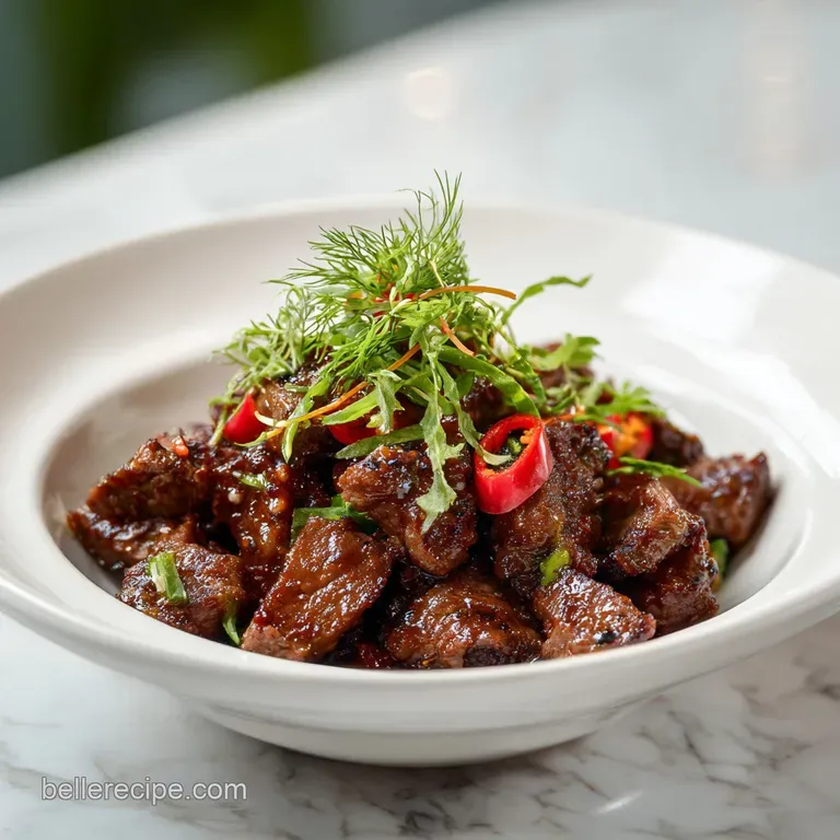 Tender steak bites arranged artfully on a white plate, drizzled with a rich sauce and a sprinkle of fresh herbs.