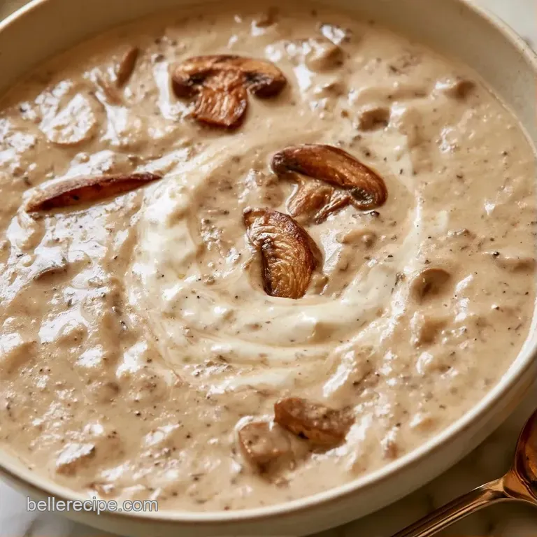 Elegant white bowl of creamy taupe soup featuring a swirl of white cream and a crisp thyme sprig on a linen napkin.