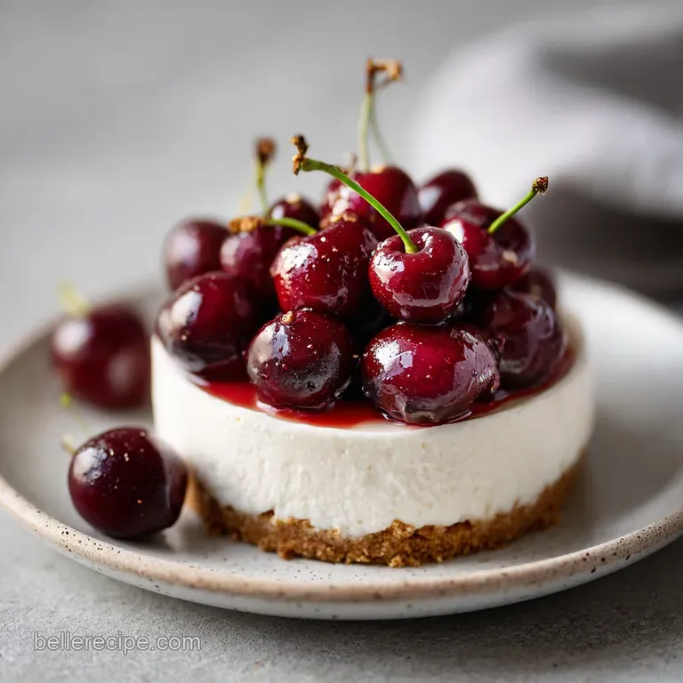 Slice of chilled cherry cheesecake on a white plate with a fork; creamy filling and vibrant red cherry topping glisten.