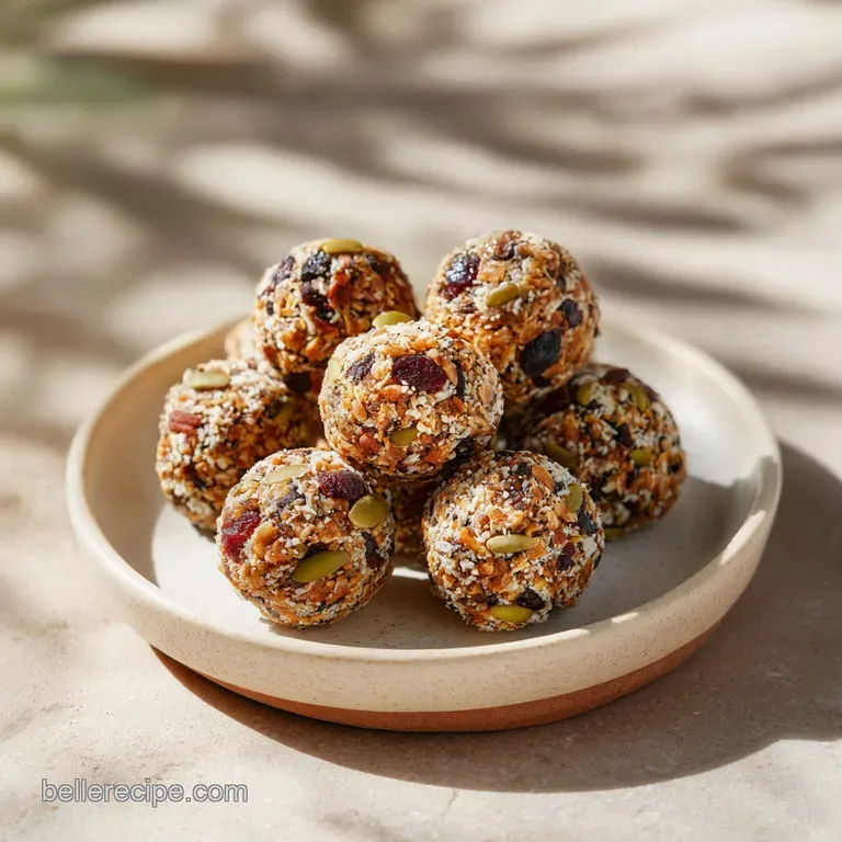 Three energy bites stacked neatly on a small white plate, dusted with cocoa powder, against a blurred backdrop.