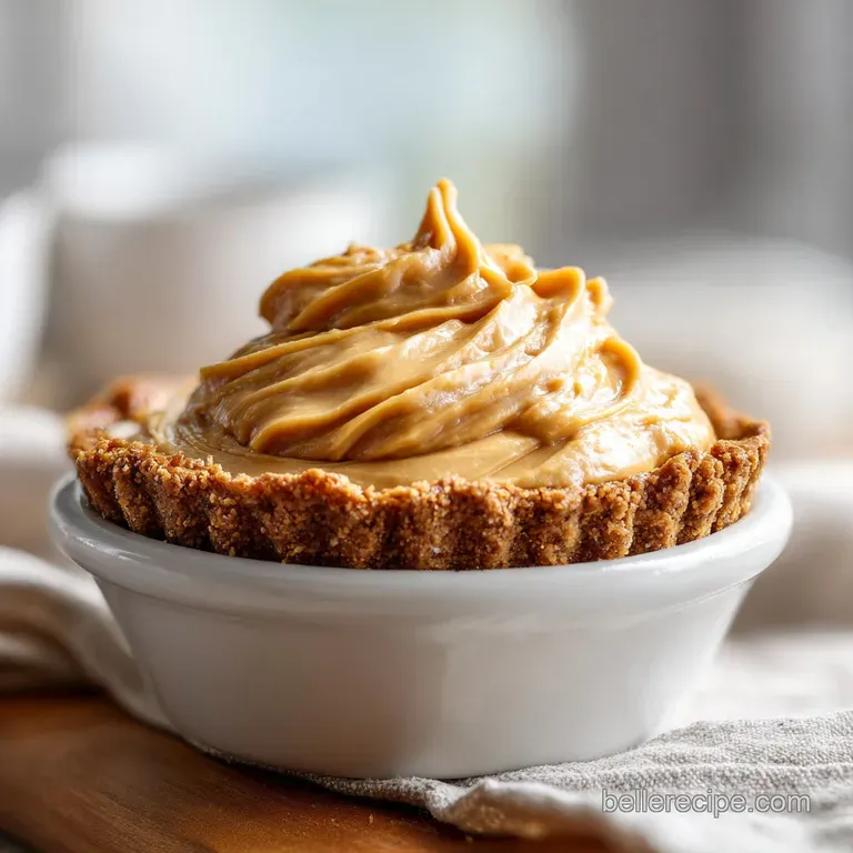 A slice of chilled peanut butter pie, revealing a velvety smooth interior, artfully garnished with a drizzle of chocolate.