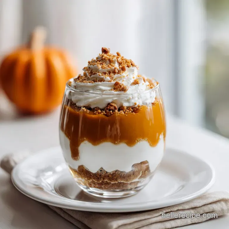 Elegant slice of no-bake pumpkin dessert revealing layers of gingersnap, cream, and airy whipped topping.