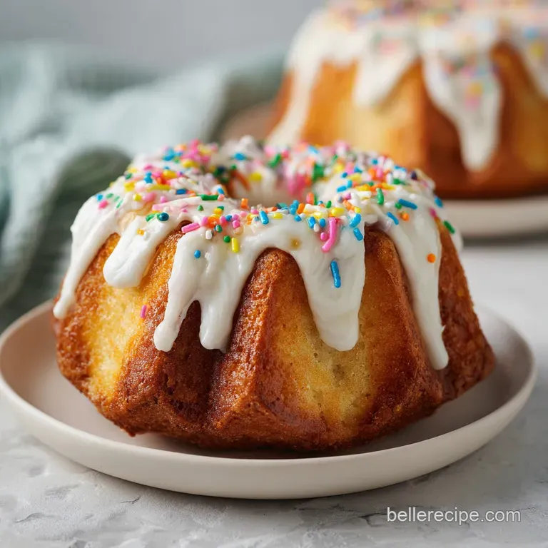 A slice of bundt cake artfully placed on a white plate, revealing its tender interior and creamy frosting swirls.