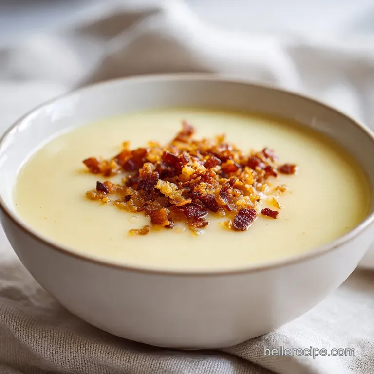 Thick, ivory potato soup in a white ceramic bowl garnished with fresh green chives and a drizzle of heavy cream.
