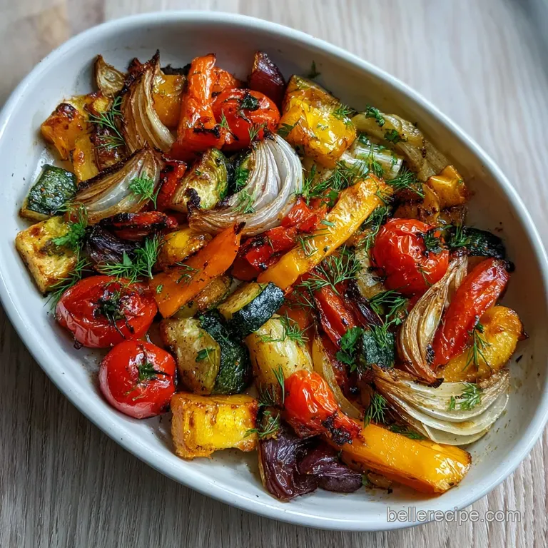 Perfectly arranged roasted vegetables, glistening with oil and herbs, artfully plated on a white dish, ready to be served.
