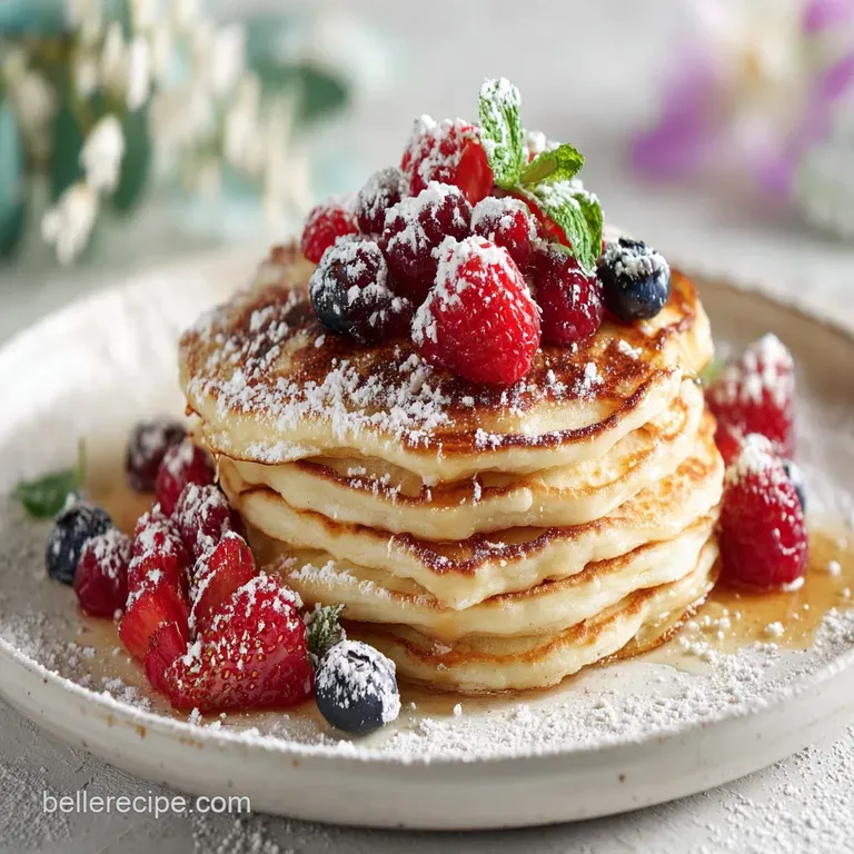 Single dairy-free pancake on a white plate, dusted with powdered sugar and adorned with vibrant raspberries and a sprig of...