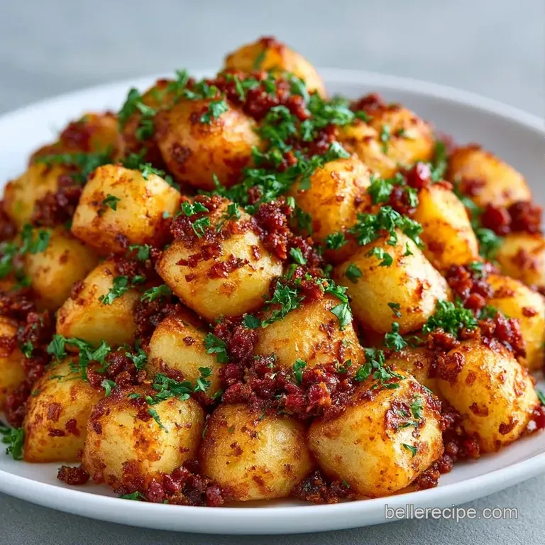 Warm potato and chorizo hash served in a white bowl, topped with fresh cilantro and a side of warm corn tortillas.