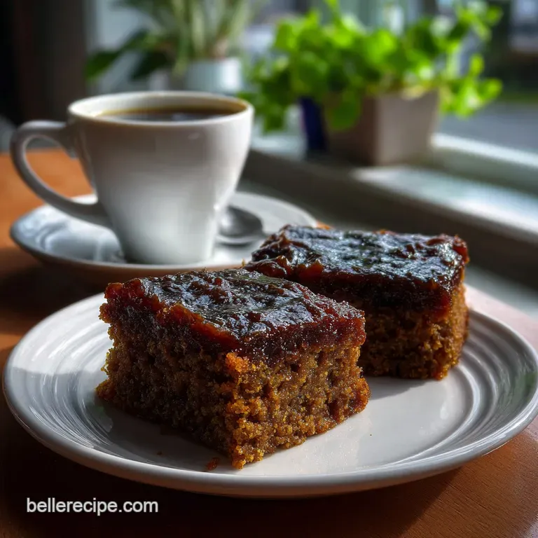 Dark, molasses-rich Parkin squares stacked on a vintage plate. The hearty cake is contrasted with a delicate floral pattern.