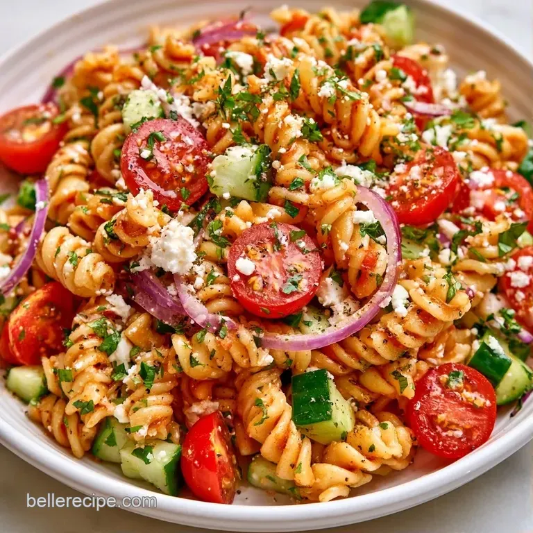 Elegant white bowl filled with tossed spiral pasta, bright red tomatoes, and white feta topped with fresh greenery.