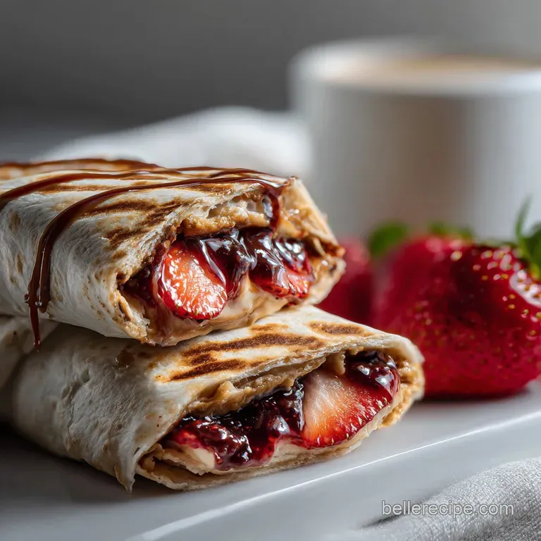 Neatly folded tortilla wrap, showcasing the creamy peanut butter and glistening jelly filling, lightly browned from a quic...