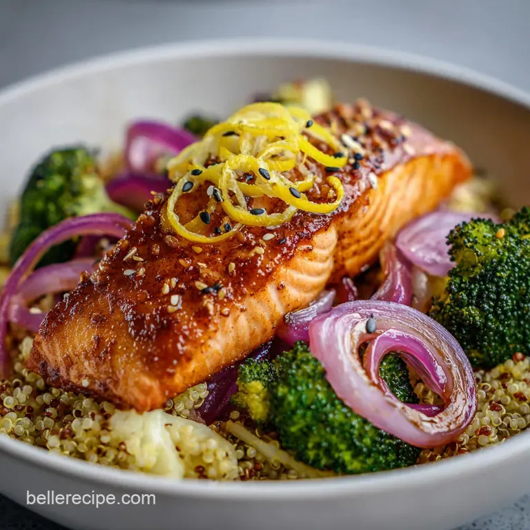 Perfectly seared salmon resting atop a bed of quinoa and bright veggies, drizzled with a light sauce, a flavorful, healthf...