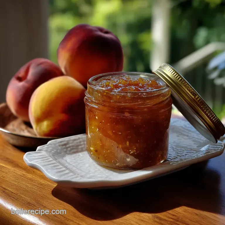 A swirl of creamy peach butter on golden toast; soft, yielding, with a knife; sunlight streaming across the plate.