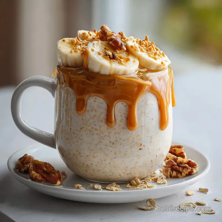 Layered overnight oats with sliced bananas and a drizzle of peanut butter, topped with crunchy granola in a stemmed glass.