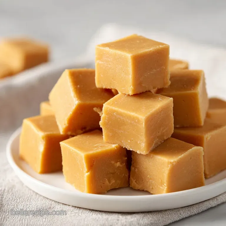 Neatly stacked tan cubes of dense candy topped with a pinch of sea salt on a minimalist white ceramic plate.