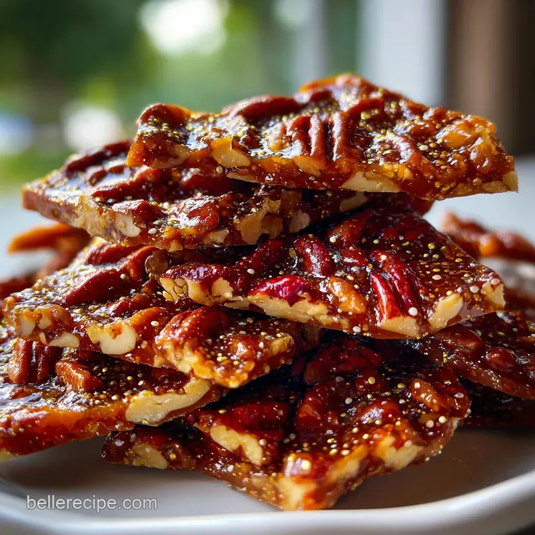 Glistening shards of pecan brittle artfully arranged on a white plate. Light catches the caramelized sugar, highlighting t...