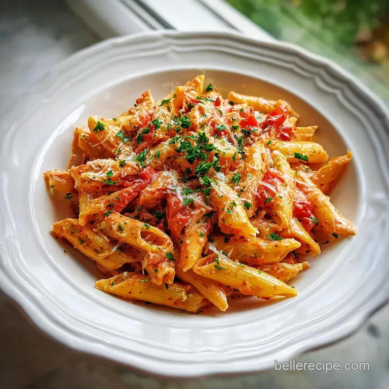 Penne Rosa elegantly plated, topped with fresh basil and a sprinkle of Parmesan. The sauce glistens, creamy & rich.