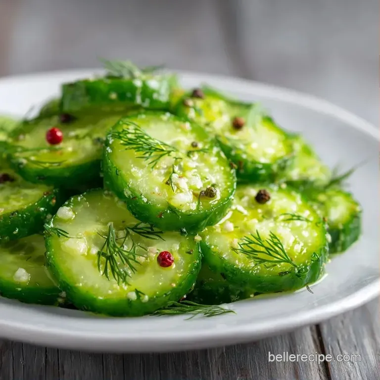Crisp cucumber spears and sliced garlic cloves arranged neatly in a clear glass jar with scattered black peppercorns.