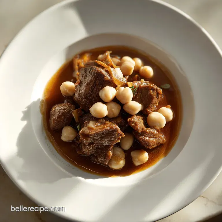 Rustic ceramic bowl of hearty meat stew with creamy mashed chickpeas and tender vegetables, garnished with parsley.