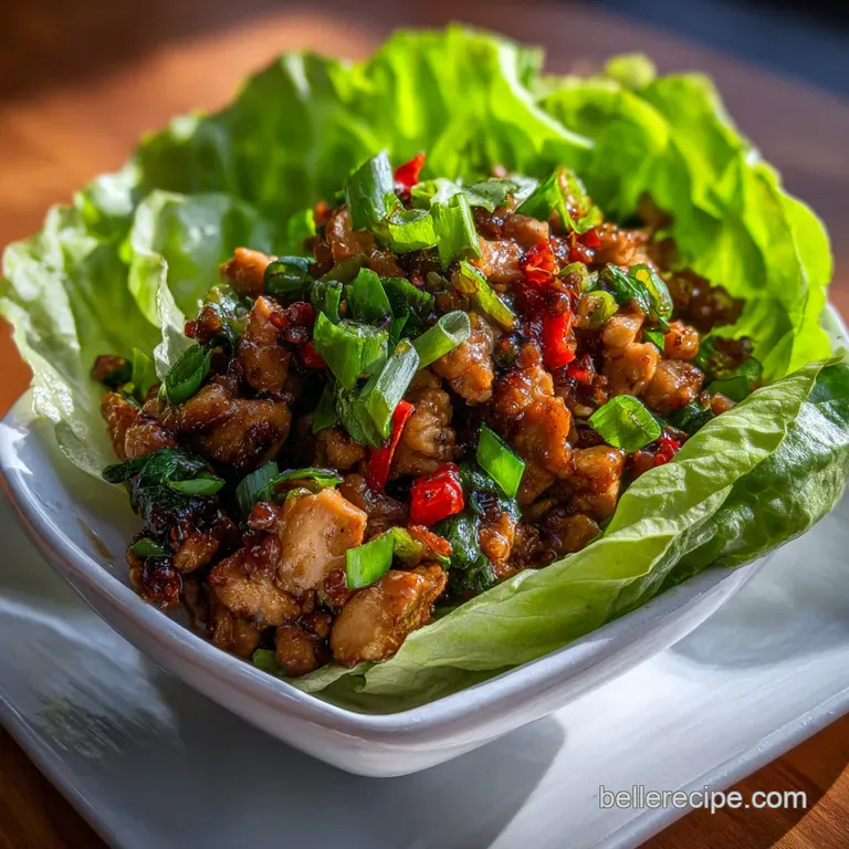 Perfectly arranged lettuce wraps on a white plate, ground meat glistening, garnished with crispy noodles & vibrant scallio...