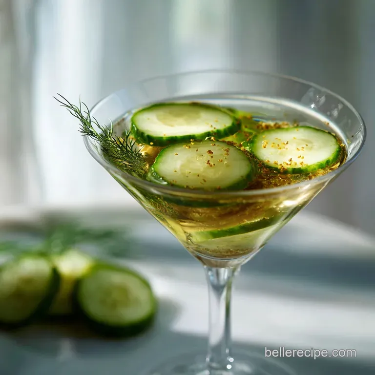 A chilled martini in a stemmed glass, garnished with a vibrant green pickle. Condensation glistens on the glass against a ...