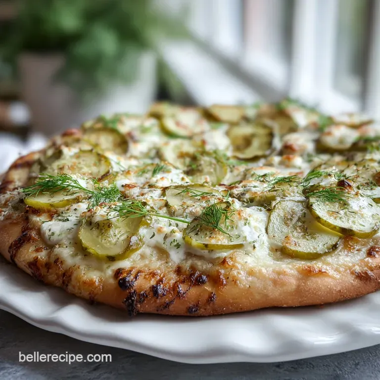 Slice of pickle pizza showing layers of bubbly cheese, crisp pickle slices, and golden brown crust on a textured plate.