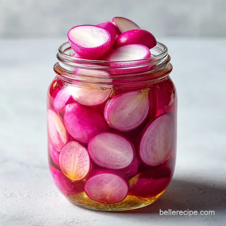 A delicate arrangement of thinly sliced pickled radishes, showcasing their translucent color, atop a bed of fresh green mi...