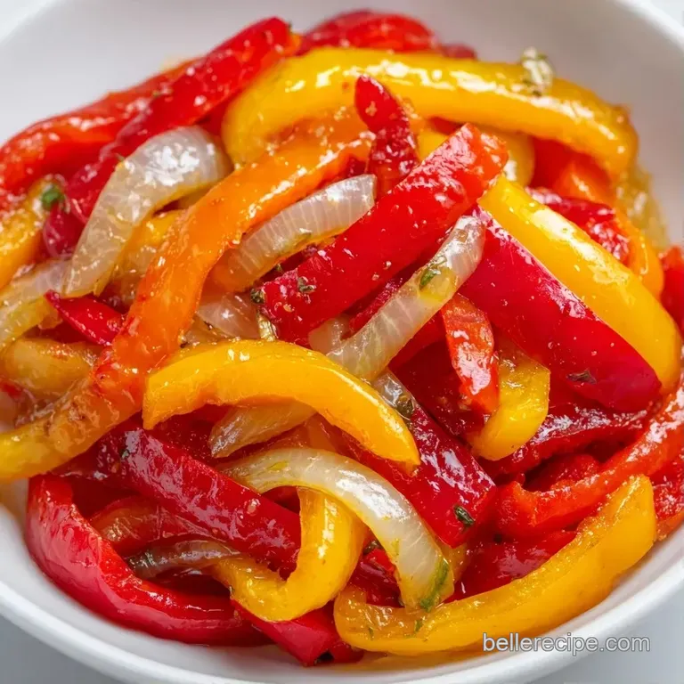 Bright red pepper slices arranged in a white ceramic dish, garnished with a sprig of fresh green parsley.