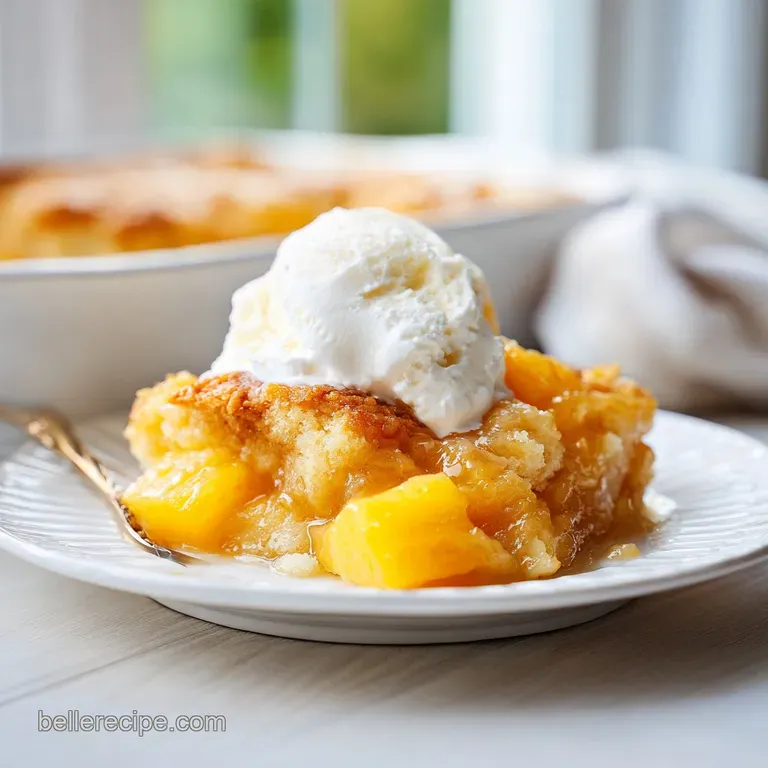 Warm pineapple cobbler with a fluffy topping, artfully scooped and garnished with mint.