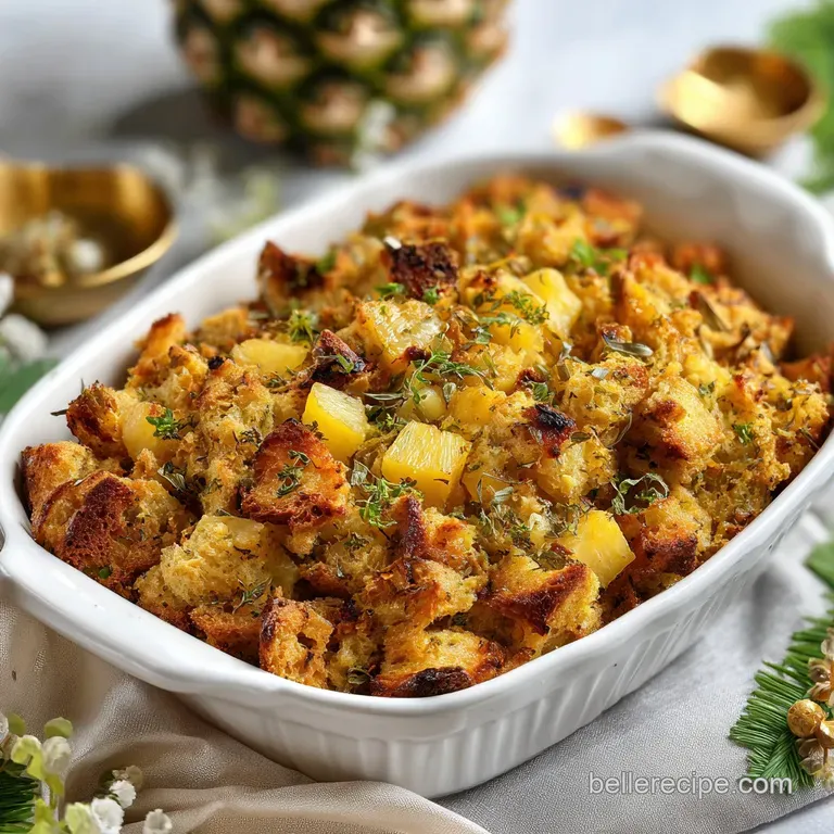 Fluffy, golden-baked pineapple stuffing scooped onto a plate. A sprig of thyme adds a touch of green freshness.