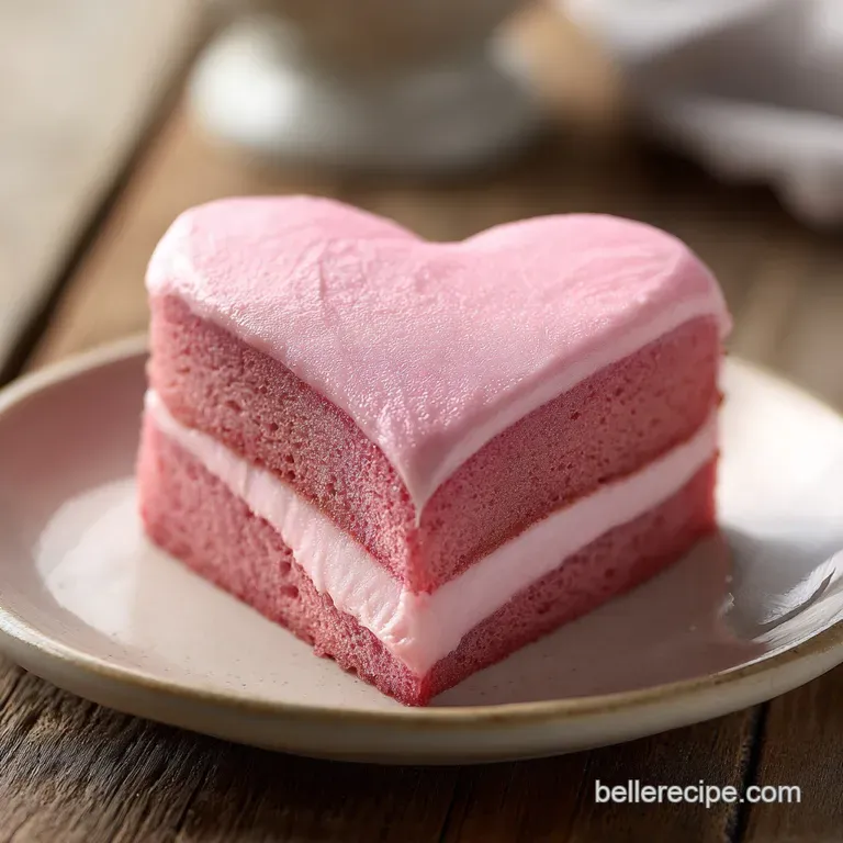 Slice of pastel pink heart cake on a white plate, creamy vanilla frosting swirling with sprinkles, exudes warmth and delight.