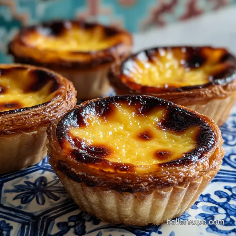 A single, warm Portuguese custard tart displayed on a simple white plate. Crust is blistered and delicate. Powdered sugar ...