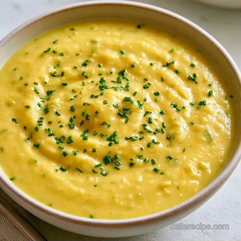 Elegant ceramic bowl of ivory-colored soup topped with microgreens and a drizzle of herb oil on a linen cloth.