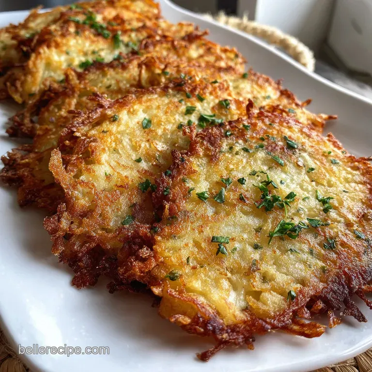 Perfectly golden potato pancake topped with creamy sour cream and vibrant green chives, elegantly plated on white dishware.
