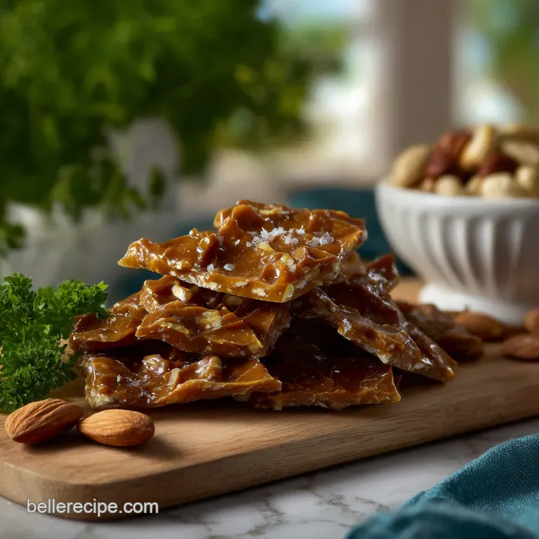 Elegant shards of praline crunch artfully arranged, highlighting the shiny, caramelized sugar coating and visible pecan pi...