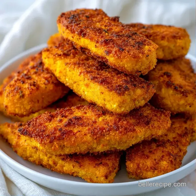 Crispy fried corn sticks arranged neatly on a white plate with a vibrant swirl of creamy red sauce and parsley.