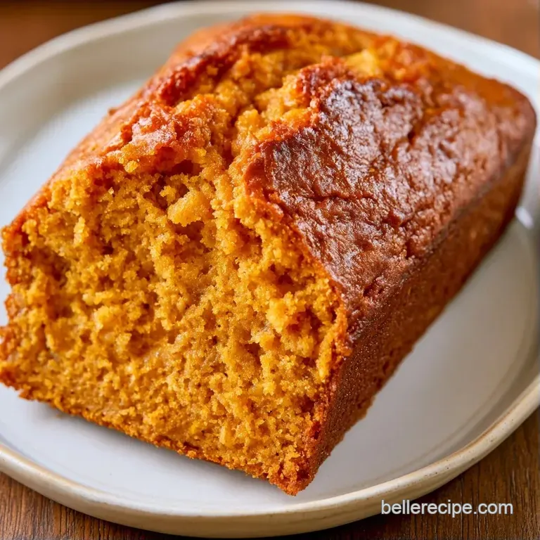 A thick slice of orange-tinted quick bread topped with melting butter on a white ceramic plate with a linen napkin.