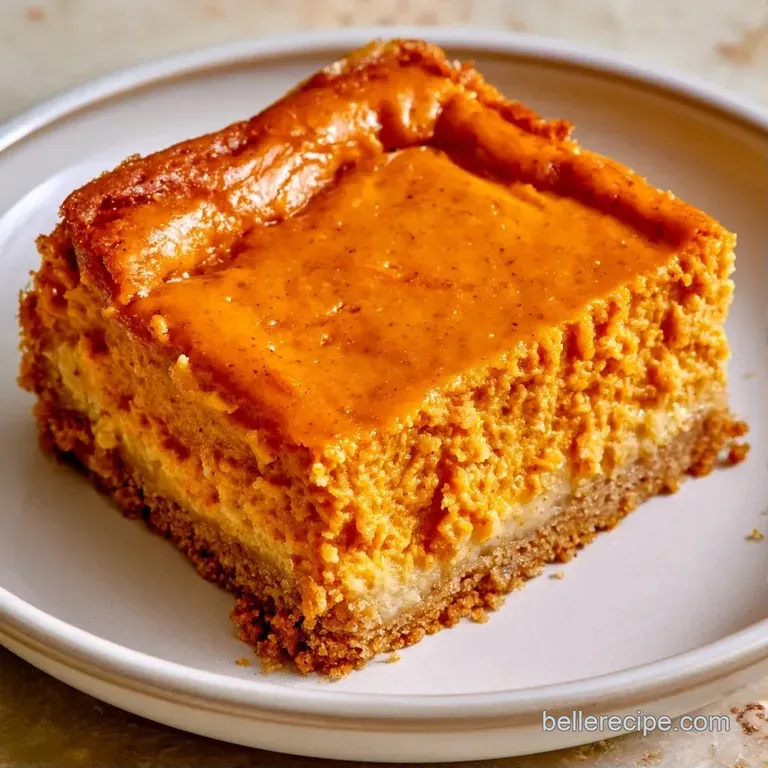A single square of orange spiced cake with a creamy swirl, garnished with a cinnamon stick on a white ceramic plate.