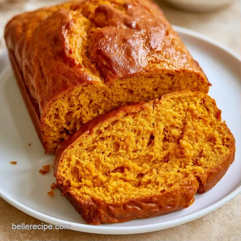 Neatly stacked slices of moist orange bread on a white ceramic plate, finished with a glossy drizzle of amber syrup.
