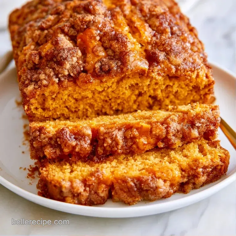 A thick slice of spiced orange cake topped with cinnamon sugar crumbles on a white ceramic plate with a linen napkin.
